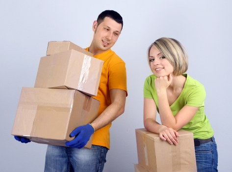 Securely stacked boxes inside a moving van