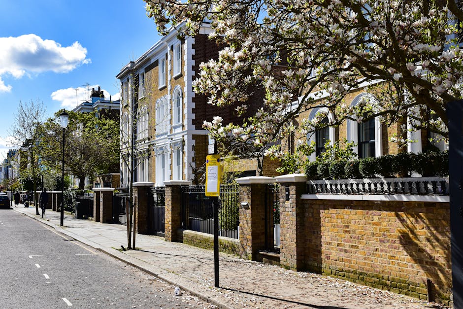 A quiet residential street with wet pavement indicating recent rain, lined with tall, white- or beige-brick Georgian-style buildings featuring large sash windows and arched doorways. Several black met